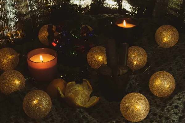 Christmas Still Life Sweets Two Candles Garland Form Balls Woven — Stock Photo, Image