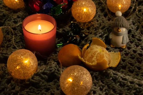 Christmas Still Life Sweets Tangerines Candles Garland Form Balls Woven — Stock Photo, Image