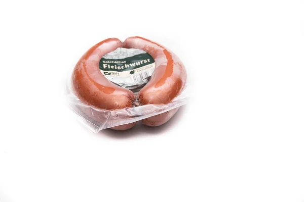 Пакував Fleischwurst Німецький Sause Розташований Білому Тлі Німецька Концепція Харчування — стокове фото