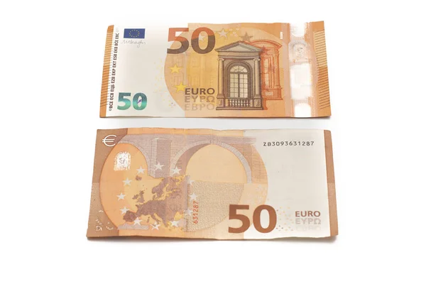 50张欧元钞票 前后看 因白人背景而被隔离 — 图库照片
