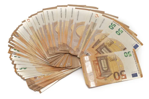 50张欧元钞票散开成扇形 因白人背景而被隔离 — 图库照片