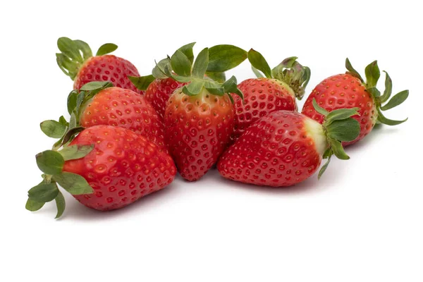 Three Whole Strawberries Green Leaves Isolated White Background — Stock Photo, Image