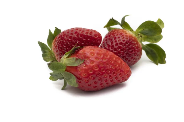 Three Whole Strawberries Green Leaves Isolated White Background — Stock Photo, Image