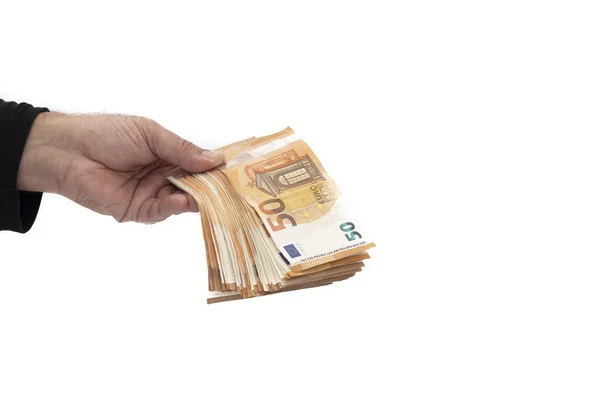 一只手拿着50欧元钞票的人的手因白人背景而被隔离 — 图库照片
