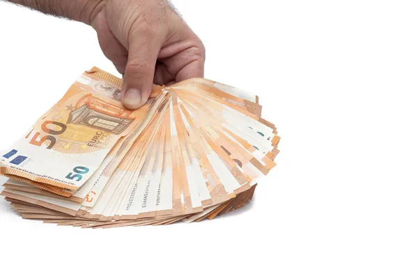 Euro Luk Banknotları Tutan Bir Adamın Eli Beyaz Arkaplanda Izole — Stok fotoğraf