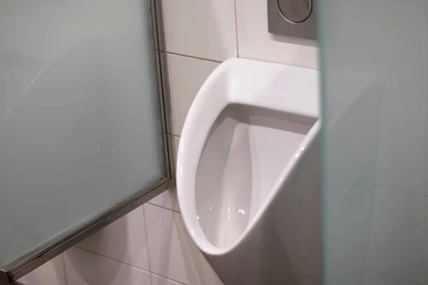 Public Porcelain Urinal Men Glass Partitions — Stock Photo, Image