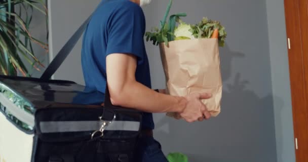 Close Young Asian Delivery Man Blue Navy Uniform Carry Case — Video Stock