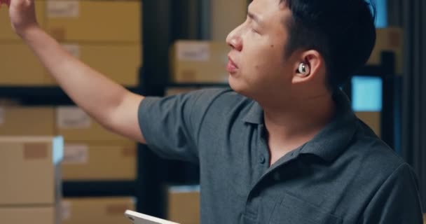 Asian Businessman Wear Earphone Use Digital Tablet Online Meeting Client — 图库视频影像