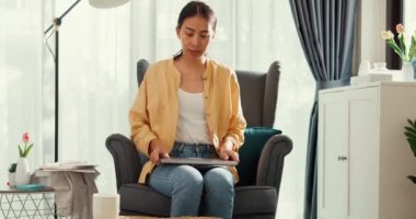 Youth asia female girl or university student stand front sofa chair put computer laptop on table feel pain, hurt in back from hard work in living room at home. Office syndrome, Life balance concept.