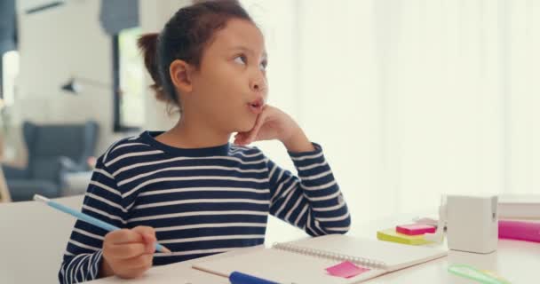 Asian Toddler Girl Sweater Sit Front Desk Notepad Use Pencil — Vídeo de Stock