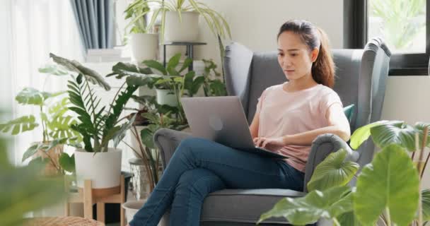 Fiatal Ázsiai Viselni Alkalmi Nyugodt Szárny Szék Használata Laptop Számítógép — Stock videók