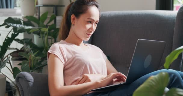 Jonge Aziatische Vrouw Dragen Casual Rustig Zitten Vleugel Stoel Gebruik — Stockvideo