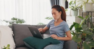 Üniversiteli genç bir kadın kanepede günlük kıyafet giyer çay içer, dizüstü bilgisayar kullanır, rahatlar evde salonda bitkilerle dolu bir yer olduğunu düşünür. Evde kalıp çevrimiçi öğrenme, ev kavramından çalışma.