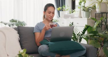 Üniversiteli genç bir kadın kanepede günlük kıyafet giyer çay içer, dizüstü bilgisayar kullanır, rahatlar evde salonda bitkilerle dolu bir yer olduğunu düşünür. Evde kalıp çevrimiçi öğrenme, ev kavramından çalışma.