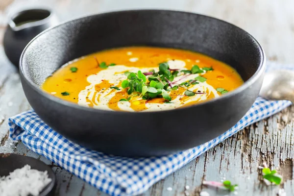 Autumn Puree Vegan Soup Pumpkin Ginger Bowl Cream Served Dark — Stock Photo, Image