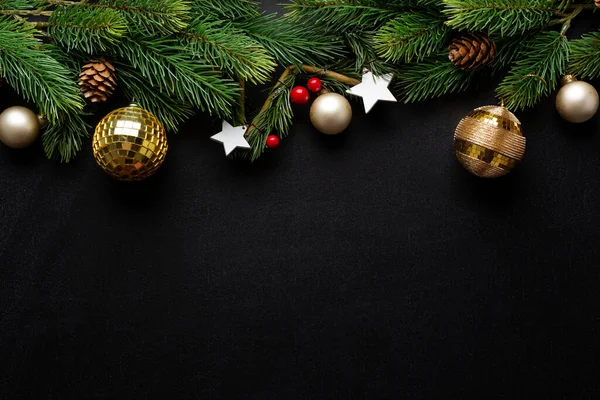 Christmas Conceptual Background Baubles Fir Branches Dark Top View — Stockfoto