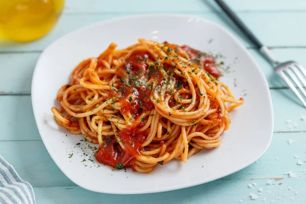 Appetizing Pasta Tomato Sauce Parmesan Plate Closeup — Zdjęcie stockowe