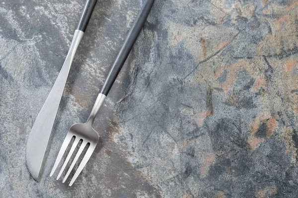 Silver Modern Cutlery Stone Background Closeup — Fotografia de Stock