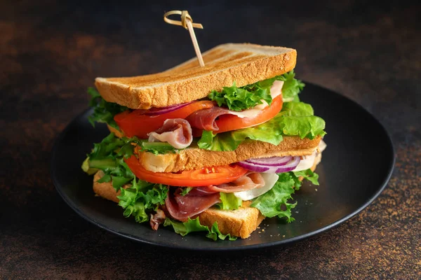 Tasty Appetizing Sandwich Ham Vegetables Served Plate — Foto Stock