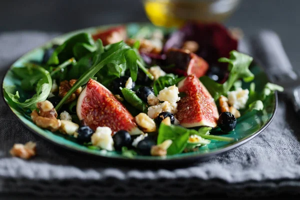 Tasty Appetizing Salad Arugula Figs Cheese Nuts Served Table Closeup — Fotografia de Stock