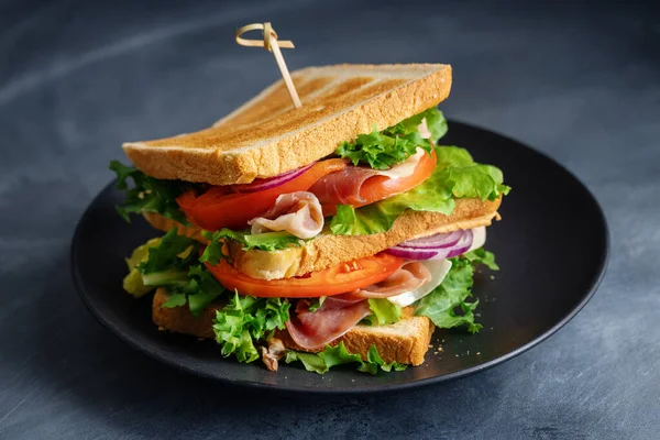 Tasty Appetizing Sandwich Ham Vegetables Served Plate — Foto Stock