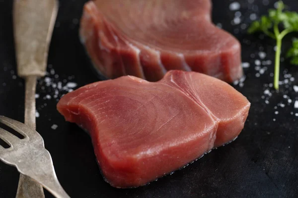 Raw Tuna Slices Salt Dark Background — Photo