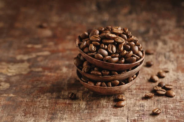Coffee Beans Wooden Small Bowls Old Wooden Vintage Background Closeup — Zdjęcie stockowe