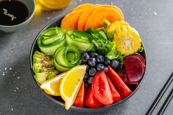 Vegan Buddha Bowl Vegetables Fruits Served Bowl Grey Background Closeup — Stock Photo, Image