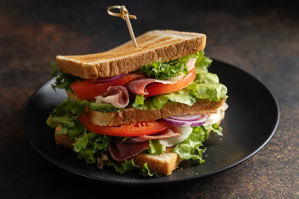 Tasty Appetizing Sandwich Ham Vegetables Served Plate — Stockfoto