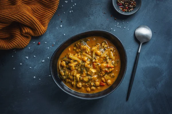Healthy Vegan Stew Ragout Tofu Served Bowl Dark Background Closeup — стоковое фото