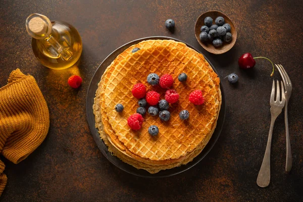 Golden Crispy Waffles Served Plate Berries Closeup — Stock Photo, Image