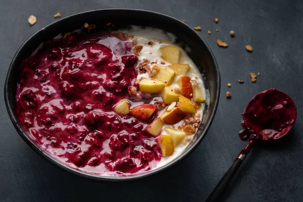 Appetizing Homemade Muesli Berries Yogurt Served Bowl Dark Background — стоковое фото