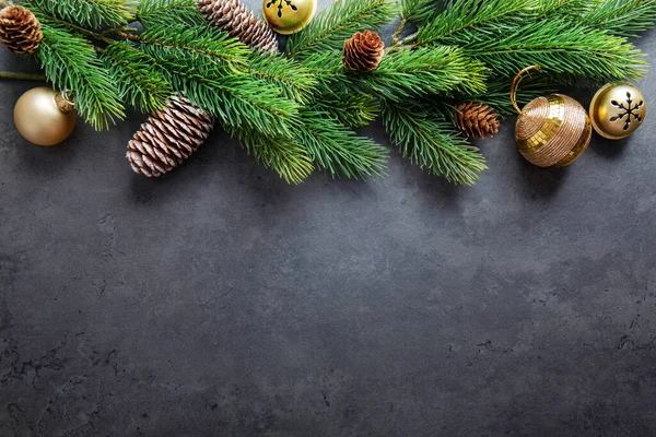 Christmas Background Baubles Fir Present Grey Stone Table — Φωτογραφία Αρχείου