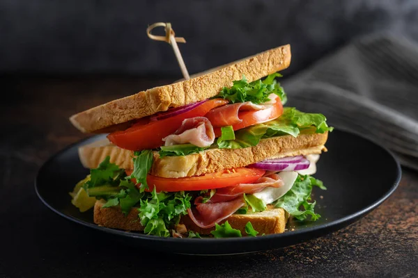 Tasty Appetizing Sandwich Ham Vegetables Served Plate — Stockfoto