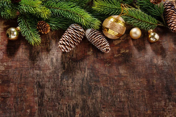 Christmas Background Baubles Fir Present Old Wooden Table — Stockfoto