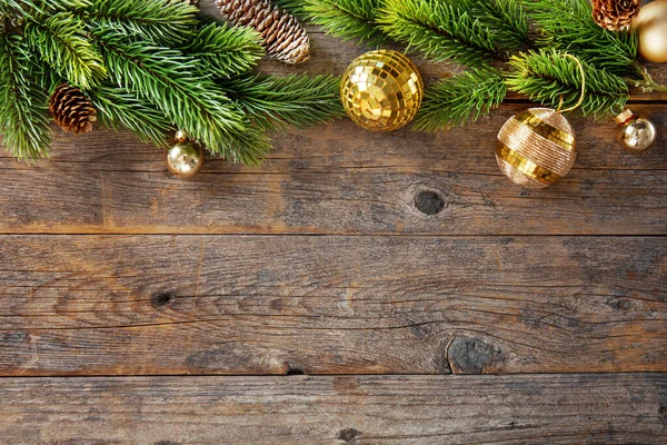 Christmas Background Baubles Fir Present Old Wooden Table — Stockfoto