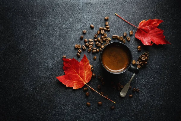 Autumn Concept Background Autumn Leaves Coffee Served Cup Dark Background — Zdjęcie stockowe
