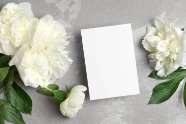 Fotokopi alanı ve gri arkaplanda beyaz şakayık çiçekleri olan tebrik ya da davet kartı modeli