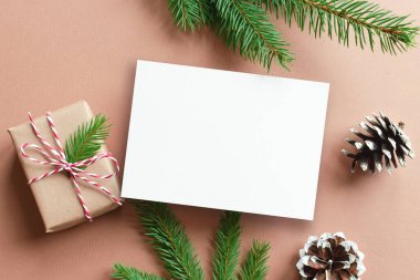 Hediye kutulu Noel kartı modeli ve konili köknar ağacı dalları.