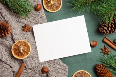 Kuru portakallar, baharatlar ve kozalaklı çam ağacı dallarıyla Noel veya Yeni Yıl tebrik kartı maketi