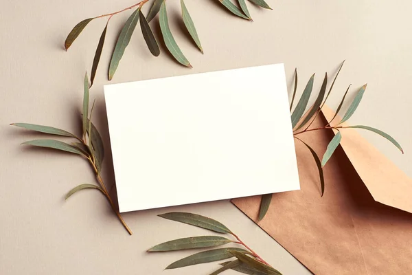 Invitation or greeting card mockup with envelope and fresh eucalyptus twigs, stylish top view mockup with copy space
