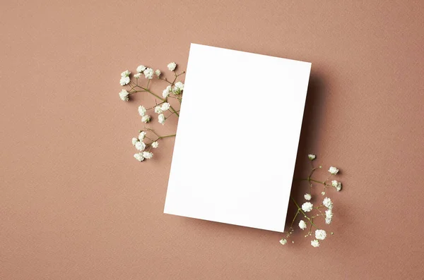 Invitation or greeting card mockup with white gypsophila flower on beige paper background. Empty card with copy space.