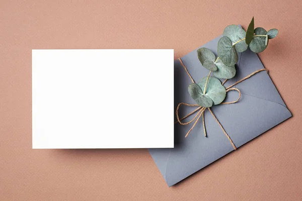 Wedding Invitation Greeting Card Mockup Envelope Natural Eucalyptus Twig Decoration — Zdjęcie stockowe