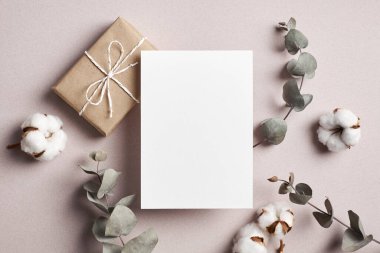 Davetiye ya da tebrik kartı maketi hediye kutusu ve doğal pamuk ve okaliptüs bitki süslemeleri.