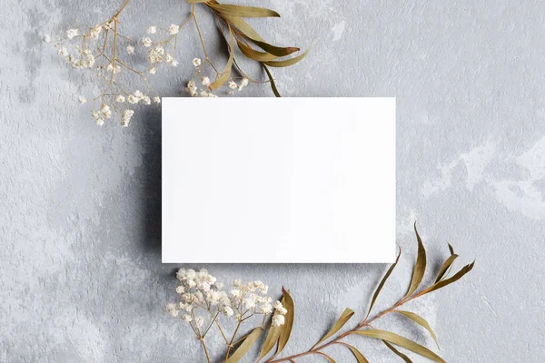 Bruiloft uitnodiging kaart mockup met goud eucalyptus en gipsen twijgen. Blanco kaart mockup op grijze achtergrond. — Stockfoto