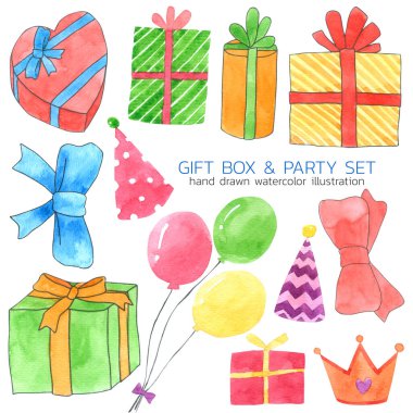 Beyaz zemin üzerine hediye kutusu ve parti suluboya koleksiyonu, Çocuklar için El çizimi, tebrik kartı, dava tasarımı, kartpostal, ürün, defter ve daha fazlası.