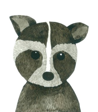 Beyaz arka planda izole edilmiş rakun çizgi filmi suluboya. Hayvan eli çizilmiş karakter resmi.