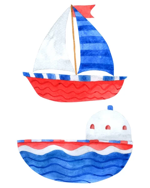 Colección Acuarela Barco Sobre Fondo Blanco Dibujos Animados Barcos Dibujados —  Fotos de Stock
