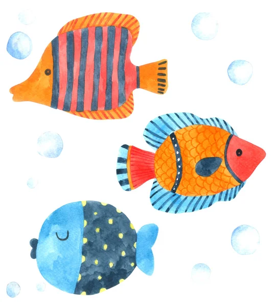 Fisk Tecknad Akvarell Vit Bakgrund Tecknad Hand Ritad Karaktär För — Stockfoto