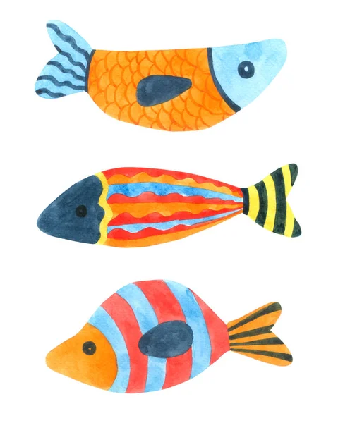 Aquarela Desenhos Animados Peixe Fundo Branco Personagem Desenhado Mão Dos — Fotografia de Stock